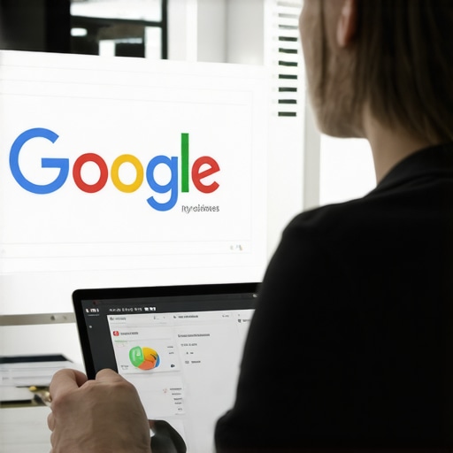 Business owner optimizing Google My Business profile with digital tools.