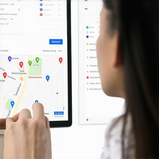 Business owner reviewing Google Maps ranking dashboard in a modern office