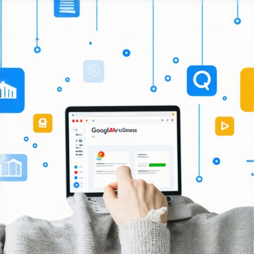 Person working on Google My Business profile on laptop with local business icons