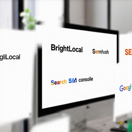 Screenshot of SEO dashboard showing rankings, reviews, and citation data on a computer monitor.