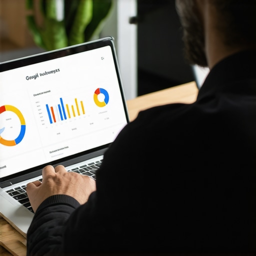 Business owner updating local listing on computer with analytics