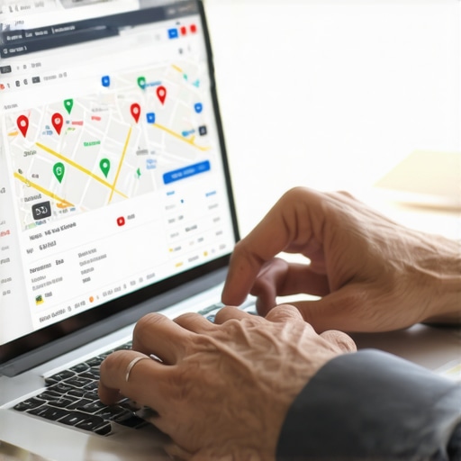 Businessman updating Google Maps profile to improve local search rankings.