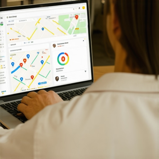 Business owner analyzing Google Maps analytics and profile settings on a laptop.