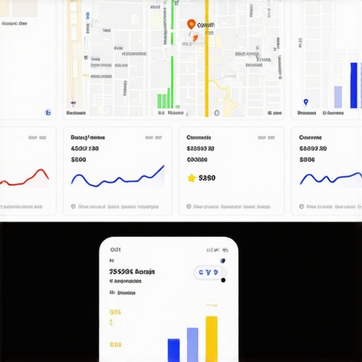 A high-tech dashboard displaying local SEO metrics and rankings for Google Maps