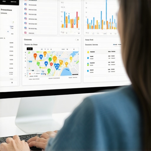 Person reviewing SEO metrics and maps on a computer to maintain Google Maps rankings.