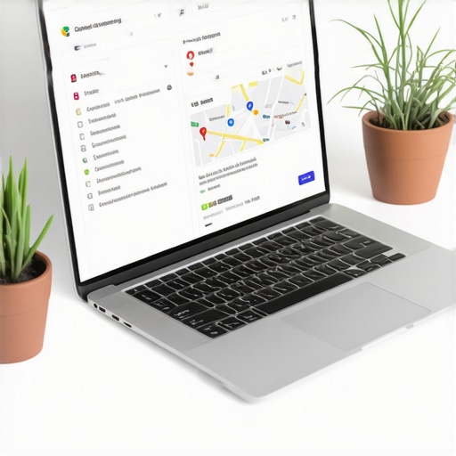Business owner optimizing Google My Business profile on a laptop with checklists and maps.