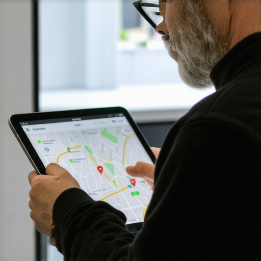 Business owner analyzing Google Business Profile on tablet with map background.