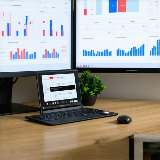 A desktop setup with SEO analytics tools and ranking reports displayed on screens