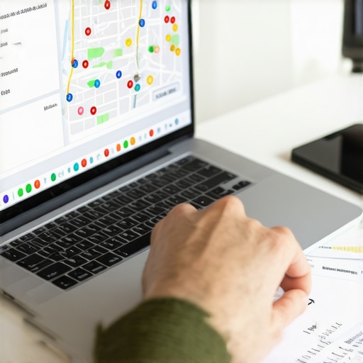 Person analyzing local business map listings and SEO performance on a laptop