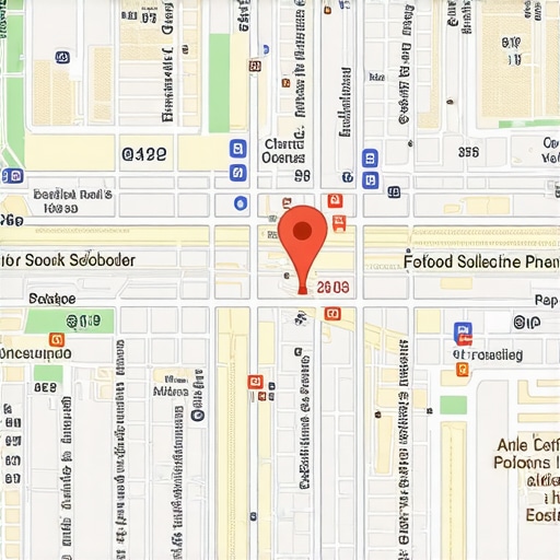 A digital map with precise business coordinates and surrounding landmarks, illustrating geo-coordination.