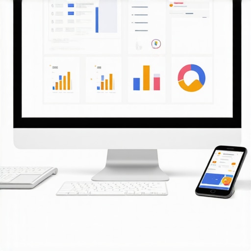 A modern desk setup displaying various SEO analytics tools on screens and smartphones