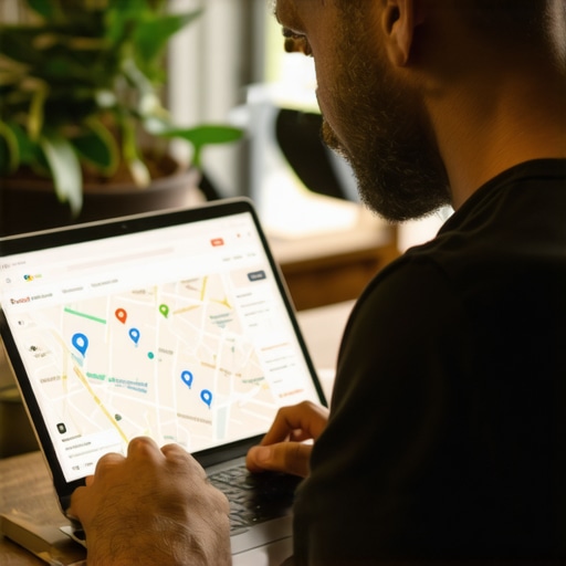 Business owner editing Google My Business profile on laptop with map interface.
