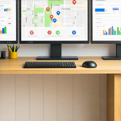 A workspace with screens displaying Google Maps and SEO analytics tools, symbolizing local rank maintenance.