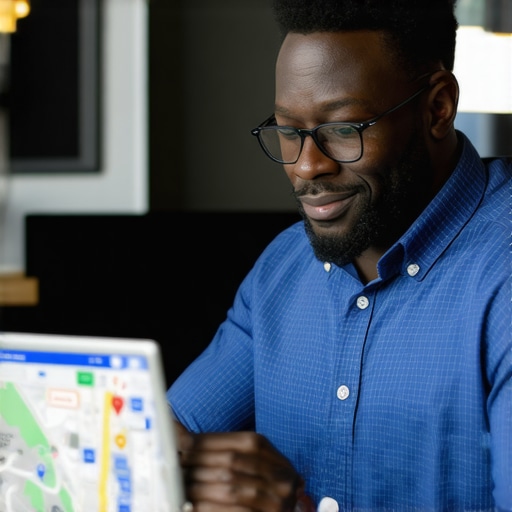 Business owner editing Google Maps profile on laptop in storefront